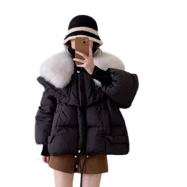 New winter warm white duck down fox hair big fur collar shawl loose first hand medium women's down jacket