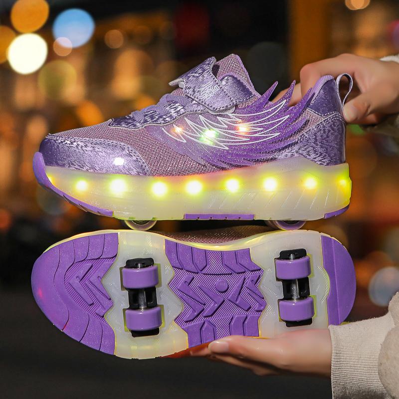TUINANLE LED Luminous Children's Rechargeable Running Shoes with Wheel Skates Multi Light Breatheable Boy Girl