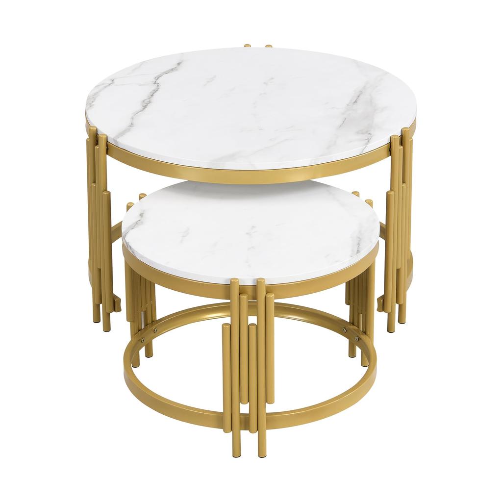 Modular Coffee Table Set, Marble Look, Golden Metal Frame, Round Tables In 2 Sizes, Nestable Design, Space-saving, Artistic Table Legs