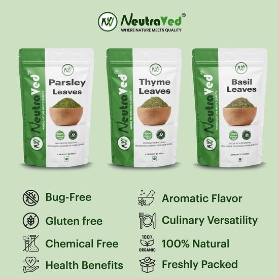 NeutraVed Combo Herbs Thyme Leaves 40g + Basil Leaves 35g + Parsley 30g | for Italian Seasoning Mixed Herbs | (Pack of 3, Total - 105g)