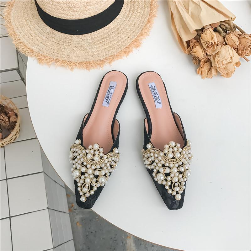 

весна и осень 2025 новая остроносая жемчужная обувь на плоской подошве женские полушлепанцы с закрытой пяткой на плоском каблуке универсальный темперамент стиль знаменитости 35 чёрный