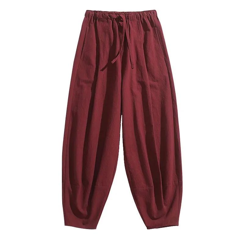 Bawełniano-lniane spodnie haremki jednolity kolor luźne duże spodnie do biegania dresowe oddychające podstawowe streetwear