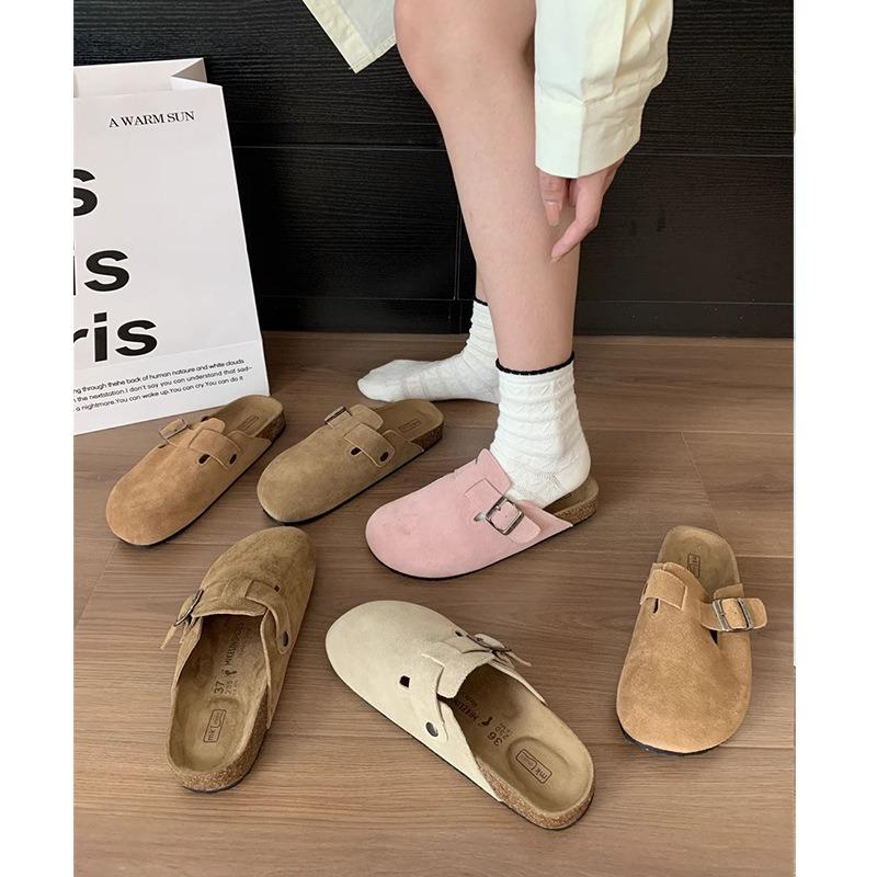 Sanxi leather new bag head Boken platform slippers women's half drag cork sole single shoes