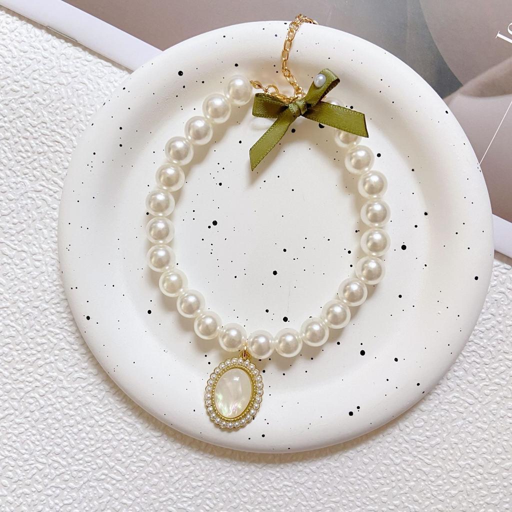 Cat Dog Pearl Necklace Cat Eye Gem Pendant Elegant Temperament Pet Accessories Puppy Collar Small Dog