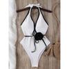 Women's Black Halter Deep V Camellia Decor One-Piece Swimsuit