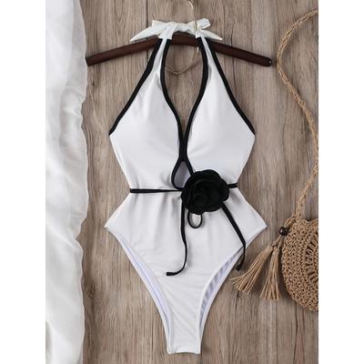Women's Black Halter Deep V Camellia Decor One-Piece Swimsuit