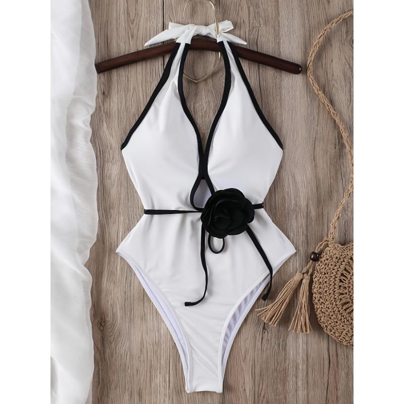 Women s Black Halter Deep V Camellia Decor One-Piece Swimsuit S белый
