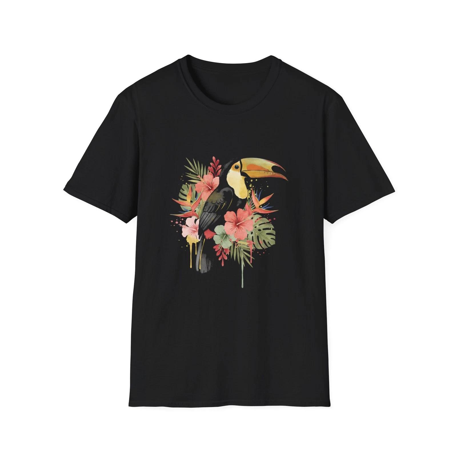 Toucan Tropical Watercolor Floral Black Tee Exotic Nature Art T-Shirt XL