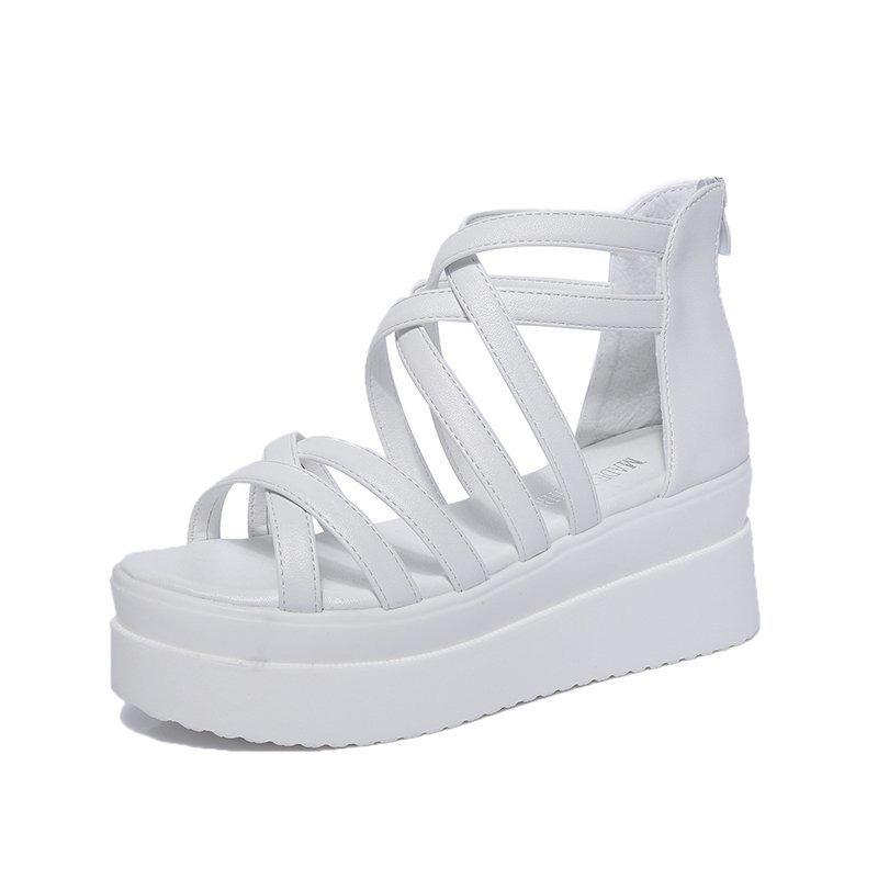 Summer new Korean version of student muffin women's shoes thick-soled medium-heeled flat-soled women's sandals open-toed roots casual Roman shoes