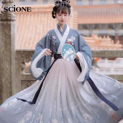Chinese Vrouwen Dansjurk Hanfu Vrouwelijk Volwassen Elegant Lente Herfst Antieke Stijl Kraag Taille Rok Verloop Stage Hanfu