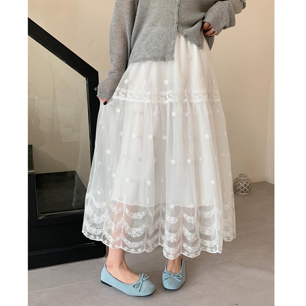 

DIMANAF 2025 Summer Women New Skirts Vintage Elastic Pleated White Elegant Skirts Lace High Waist one size белый