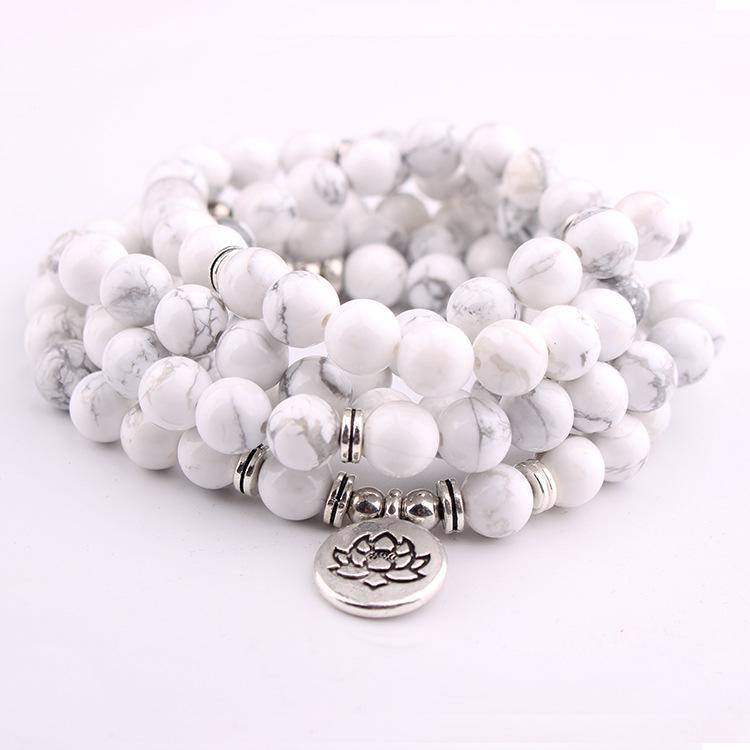 8mm Natural White Turquoise Bead Bracelet Necklace - European  American Style, 108 Energy and Yoga Beads with Floral Design. 8MM