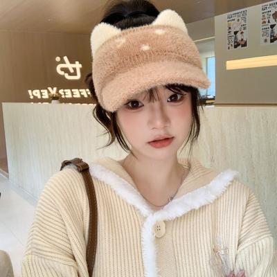 New Style Cycling Ear Protection Plus Velvet Warm Knitted Woolen Hat Versatile Empty Top Peaked Cap for Women In Autumn and Winter