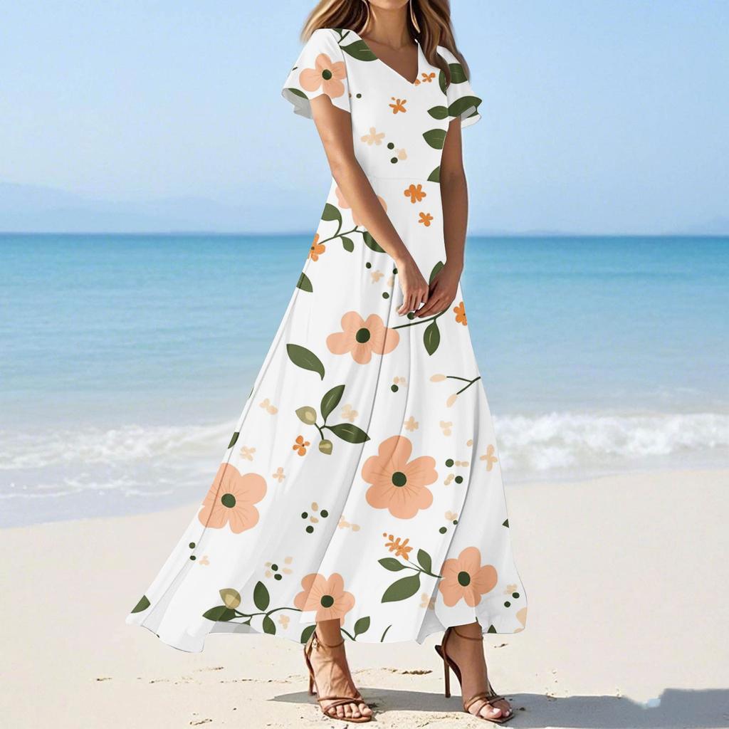 Women's Summer Casual Fashion Floral Print Dress V Neck Short Sleeve Dress