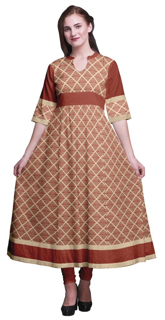 Bimba Gold Leaves & Peony Floral Printed Womens AnarkaliA  KurtiA  Kurta Flared Maxi Blouse