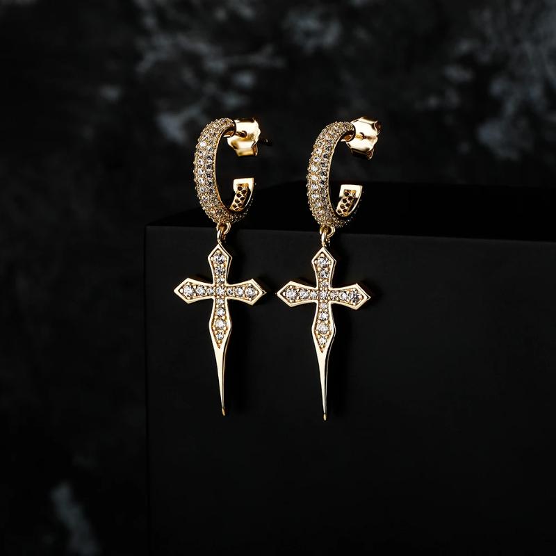 Luxury Gold Color Cross-shaped Earrings for Women White Zircon Fashion Hip Hop Style Jewelry Gift