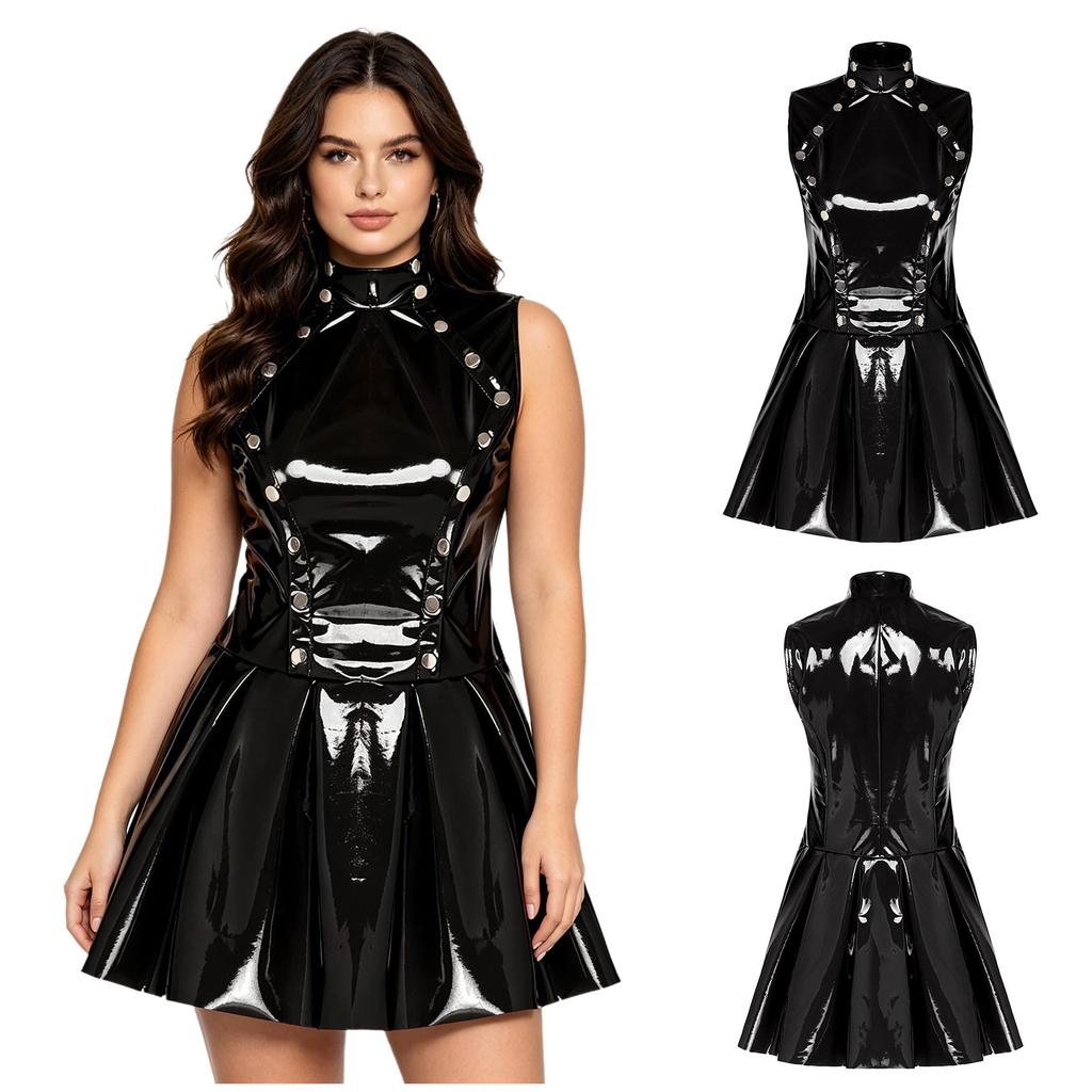 S-3XL Wet Look PU Sleeveless Dress Open Front Button Overlay Pleated Hem Glossy Vinyl for Rave Party Club Night