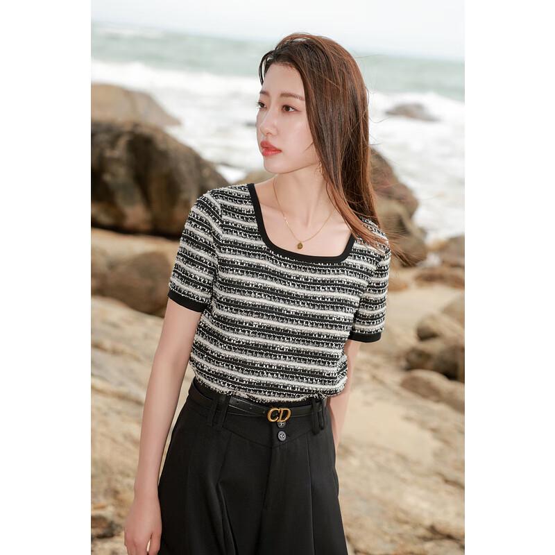 

Sancai Большой размер Французский стиль Полосатая футболка с квадратным вырезом и короткими рукавами M 160/88B