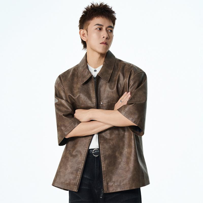 Trendy brand new European and American personalized fashion short-sleeved lapel leather jacket, American retro men's short sleeves