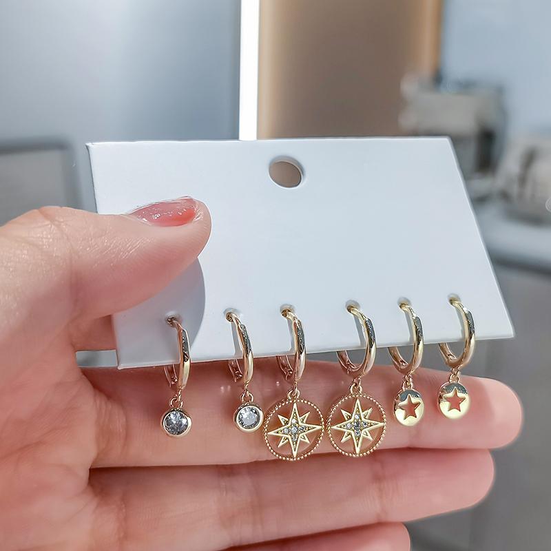 ANENJERY 6 stk/sett Skive Stjerne Bøyle Øredobber Sett For 3 par Retro Mote Øredobber Fest Smykker