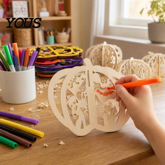 Wooden Shapes for Painting Halloween Pumpkin Craft Kit, 17cm DIY Unfinished Wood Slice Fall Supplies Kids, Hollow Cutouts Painting, Themed Art