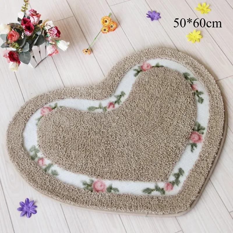 Heart Shape Nonslip Bath Mat Embroidered Toilet Rug Kit Water Absorption Door Mat for Bathroom Toilet Bedroom Floor Mat