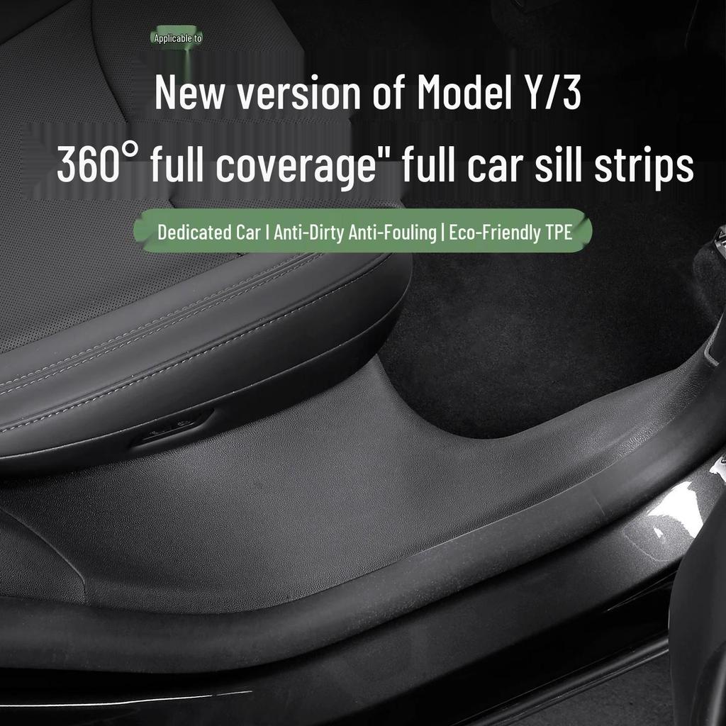 Tesla Model Y Molded Sill Strip with Built-in Under-Seat Corner Protectors - Anti-Kick Accessory.