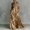 Women Stand Collar Long Sleeve Floral Print Waist Defined Vintage Casual Holiday Maxi Dress with Button Front and Pockets