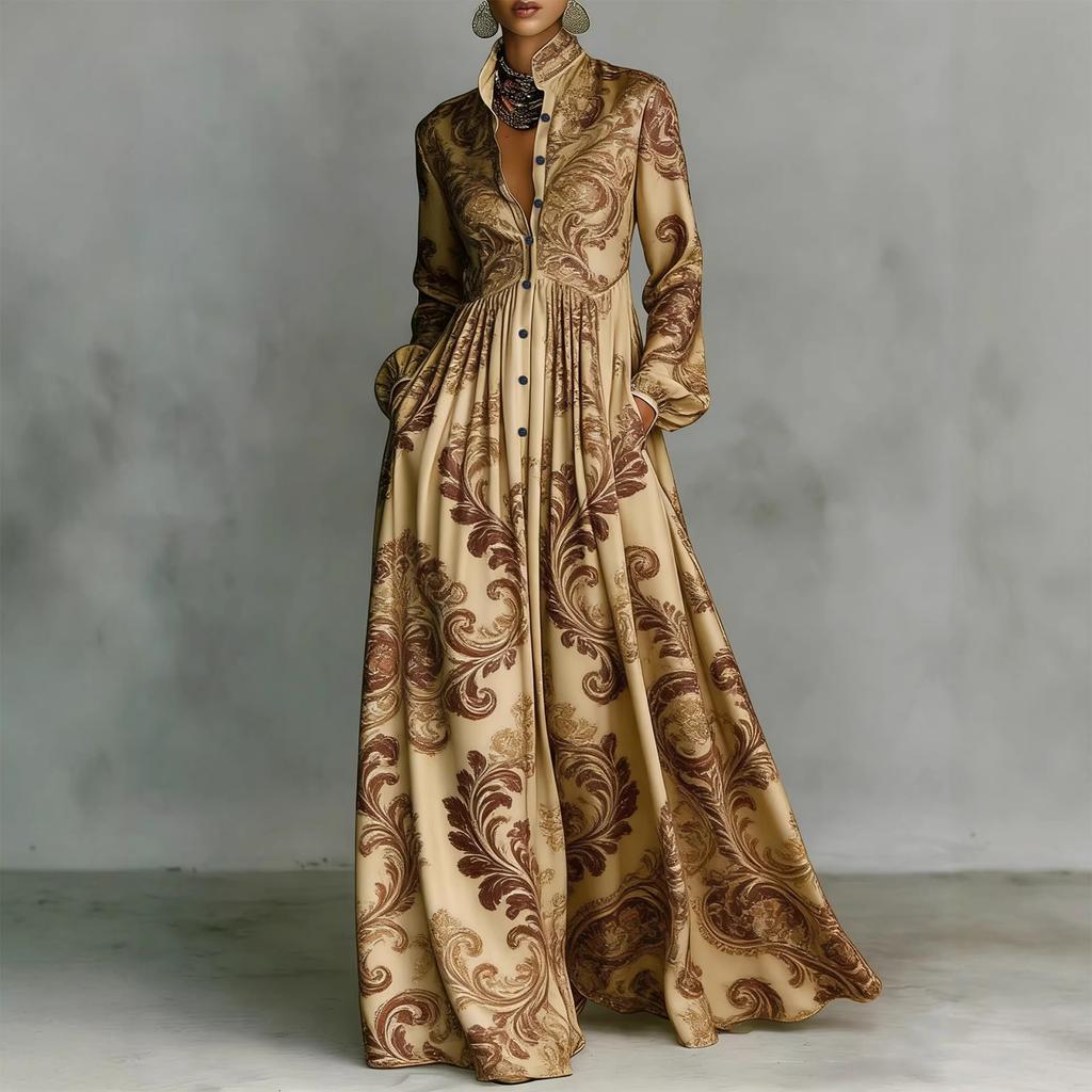 Women Stand Collar Long Sleeve Floral Print Waist Defined Vintage Casual Holiday Maxi Dress with Button Front and Pockets