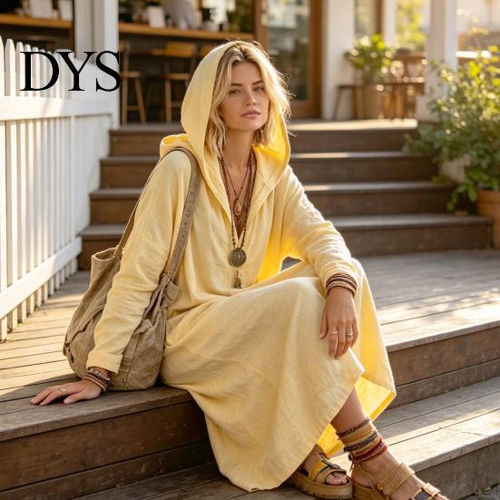 Damen Taschenkleider Langarm Kapuzenkleid, Lässiges Lockeres Boho Maxikleid in Unifarben für den frühen Herbst, V-Ausschnitt mit Taschen V-Ausschnitt