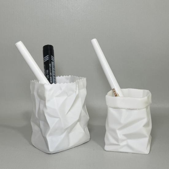 Yousheng Paper Bag Style Pen Holder Wrinkle Texture PLA Desktop Organizer for Office School Home Multi-Purpose Storage for Brushes Remote Rustic