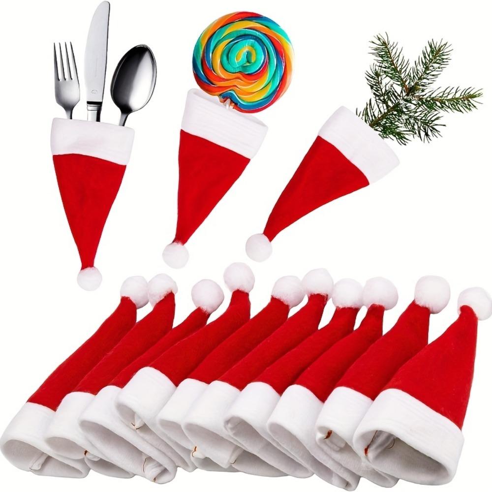 Christmas Knife & Fork Hats 10pcs- 2.36x4.72inch Red Mini Hats for Wine Bottles - Festive Table Decorations