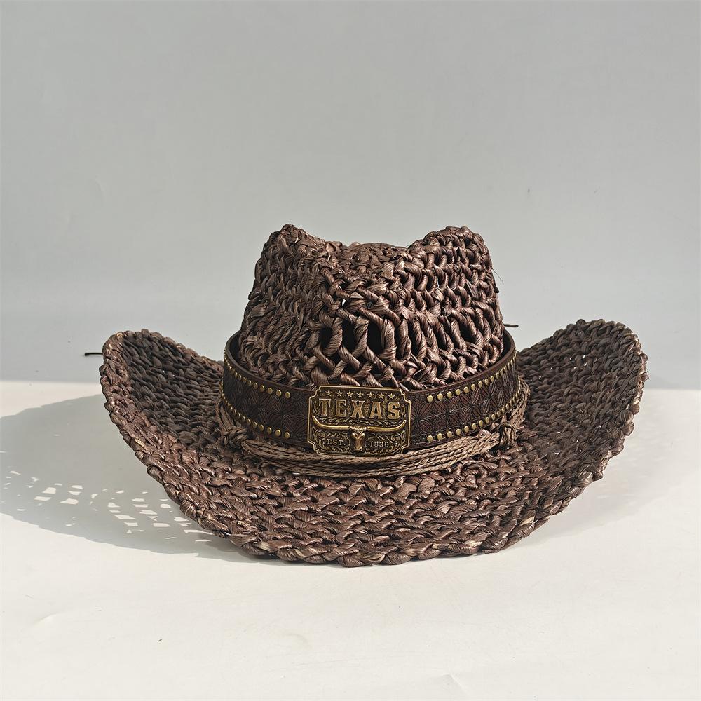 Hollow straw hat Summer sunshade cowboy hat Handwoven hat Outdoor sunscreen straw hat Corn husk