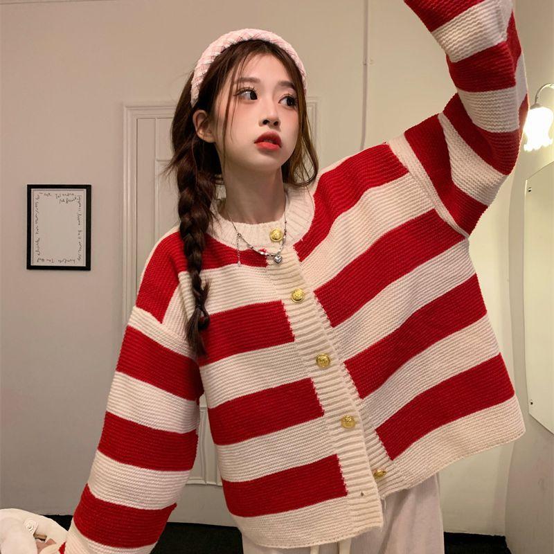 Spring Autumn Winter Women's Lazy-Style Sweet Striped Cardigan Knit Sweater Coat: Loose Versatile Outerwear