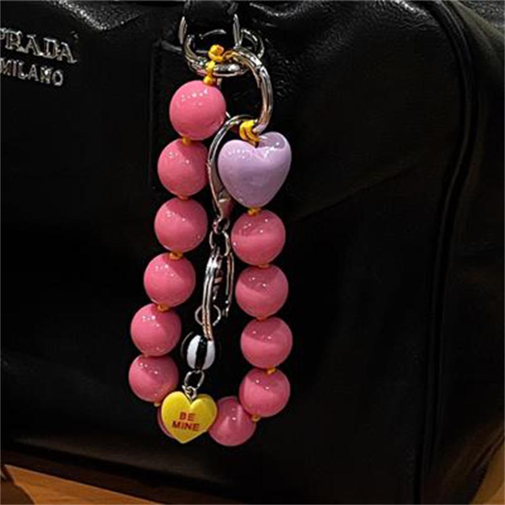 Cute Phone Lanyard Short Style Wrist Strap Love Heart Handmade Beads Bracelet Pendant Lanyard Wide Wrist Strap AntiLoss Lanyard