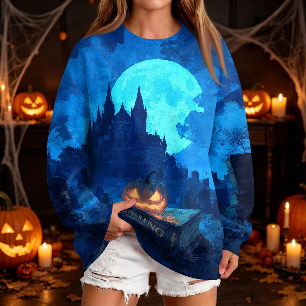 Women's Casual Round Neck Sweatshirt with Halloween Print, Long Sleeve Pullover for Festivals