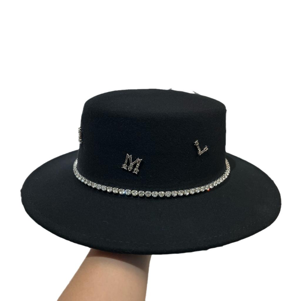 French Hepburn Pure Wool Rhinestone Top Hat Autumn And Winter New Light Luxury Celebrity Style Elegant Letter Wide Brim Flat Top Hat Women