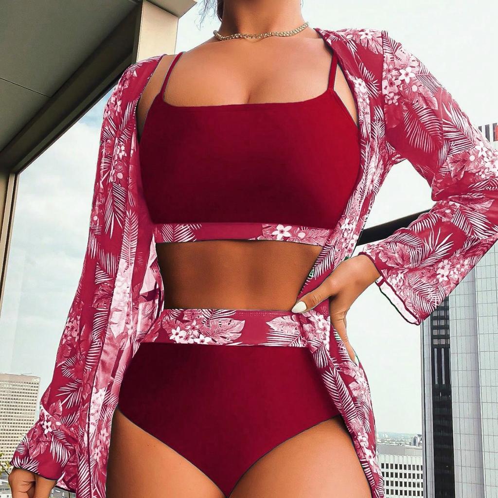 Europäisches und Amerikanisches Ahornblatt Druck Langarm Spleiß Bikini Dreiteilig Geteilter Badeanzug Damen Europäische und Amerikanische Neue Modelle