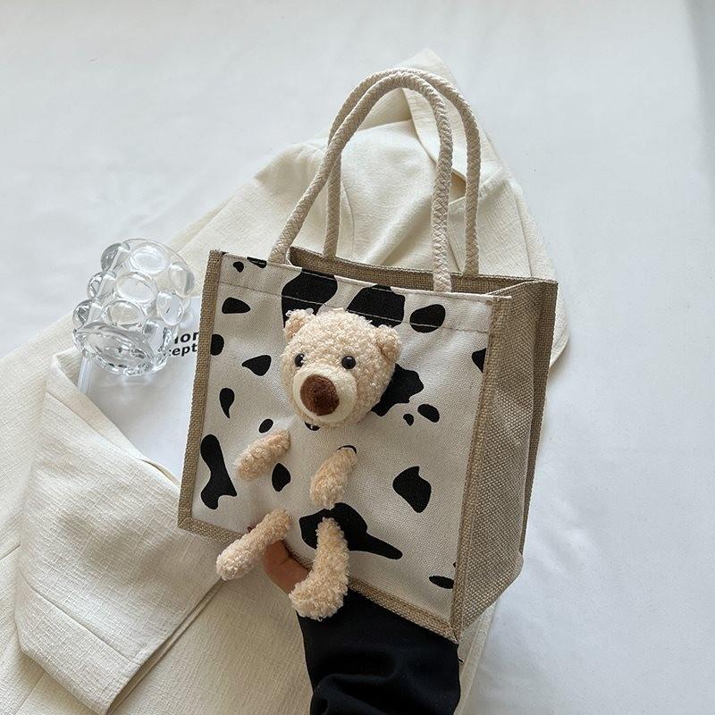 Милая Канвасная Сумка для Бэнто Стильная Сумка-тоут Для Офисных Работников Модная Ручная Сумка на Плечо Для Повседневного Использования White Cow Bear