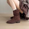 Wersja ze skóry owczej! Wewnętrzne podwyższenie krótkie botki damskie głowa zachodnie plisowane nakładane botki retro małe średnie cholewka jeździeckie botki moda