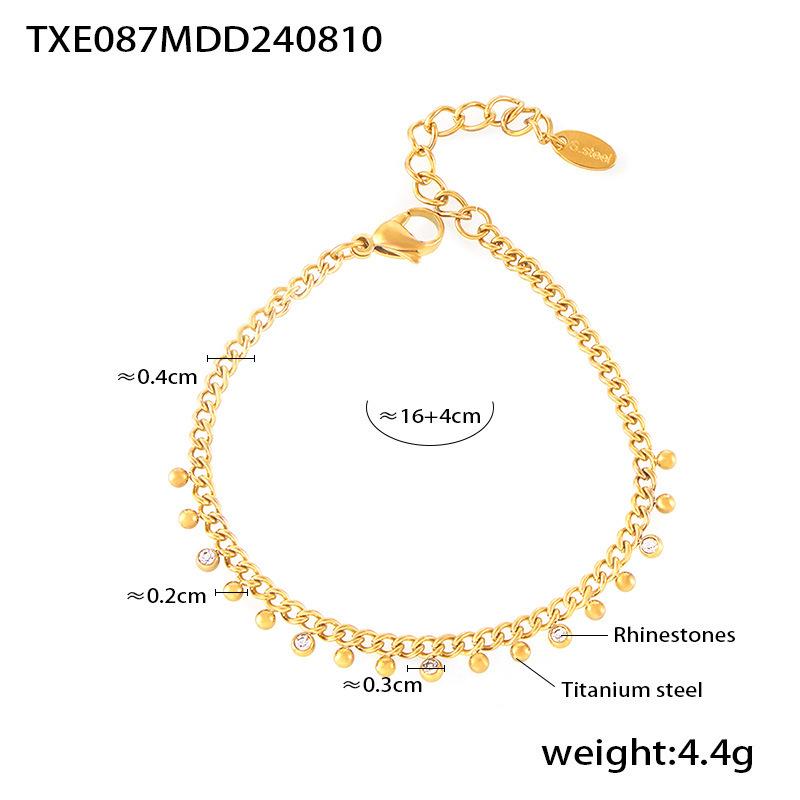18K Gold-Plated Titanium Steel Necklace & Bracelet Set with Round Bead Spacer & Diamond Tassel