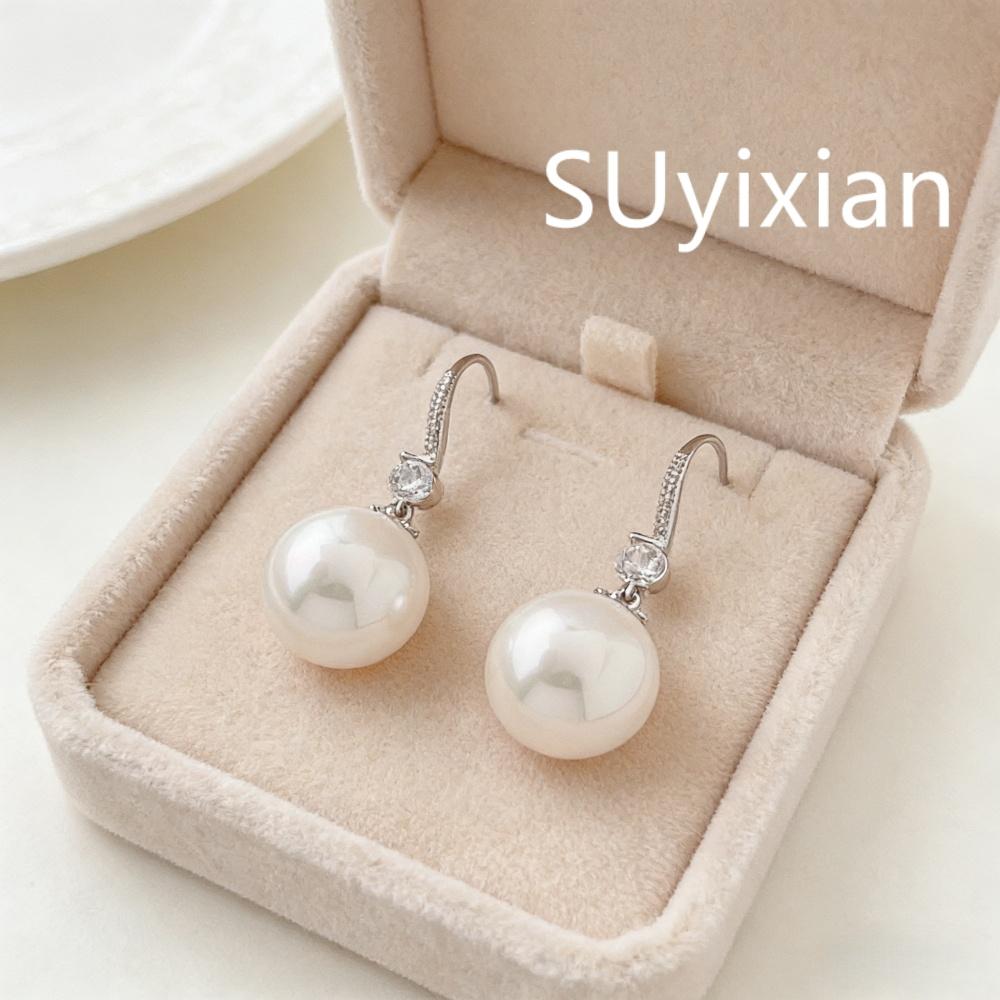 925 Sterling Silver Simple Stylish 14mm Petal Pearl Earrings Round Bead Ear Hooks Birthday Party Anniversary Gift белый