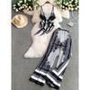 High-End Sense Retro Print Irregular Sling Waist Hugging Slimming Vest Top + High Waist Wide Leg Pants Two-piece Set