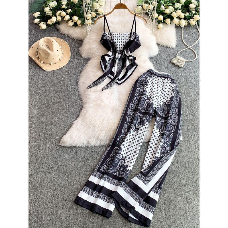 High-End Sense Retro Print Irregular Sling Waist Hugging Slimming Vest Top + High Waist Wide Leg Pants Two-piece Set