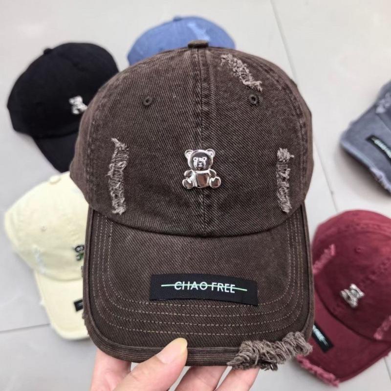 Bear Baseball Cap Ripped Washed Hat Retro Big Head Soft Top Cap Sun Protection