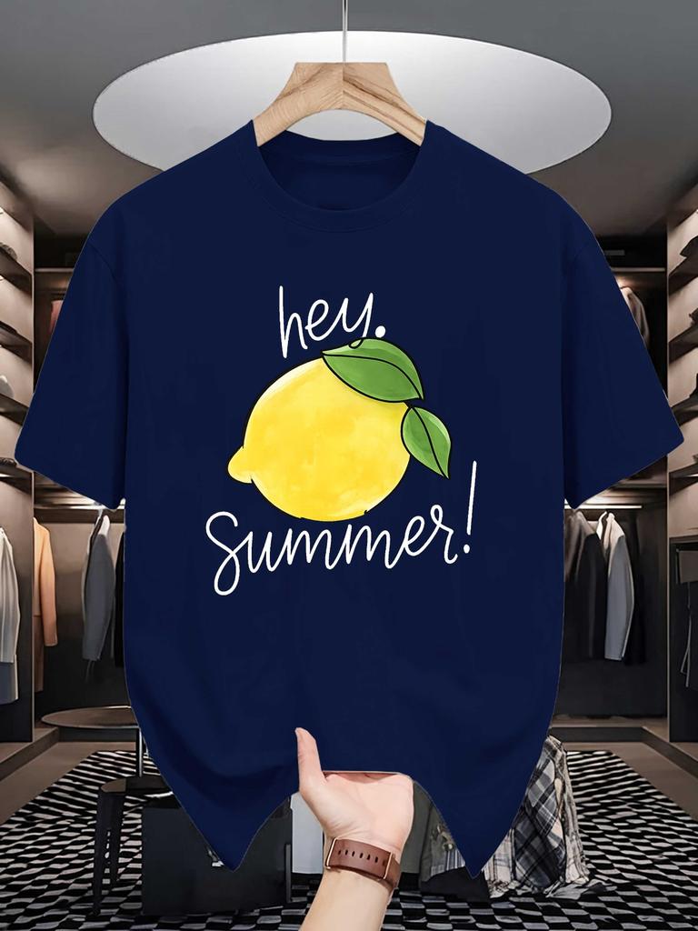 Unisex Crew Neck Tee Hey Summer Lemon Fruit Hand Drawn Print Soft Cotton Loose Short Sleeve Summer Casual Male Streetwear Tops