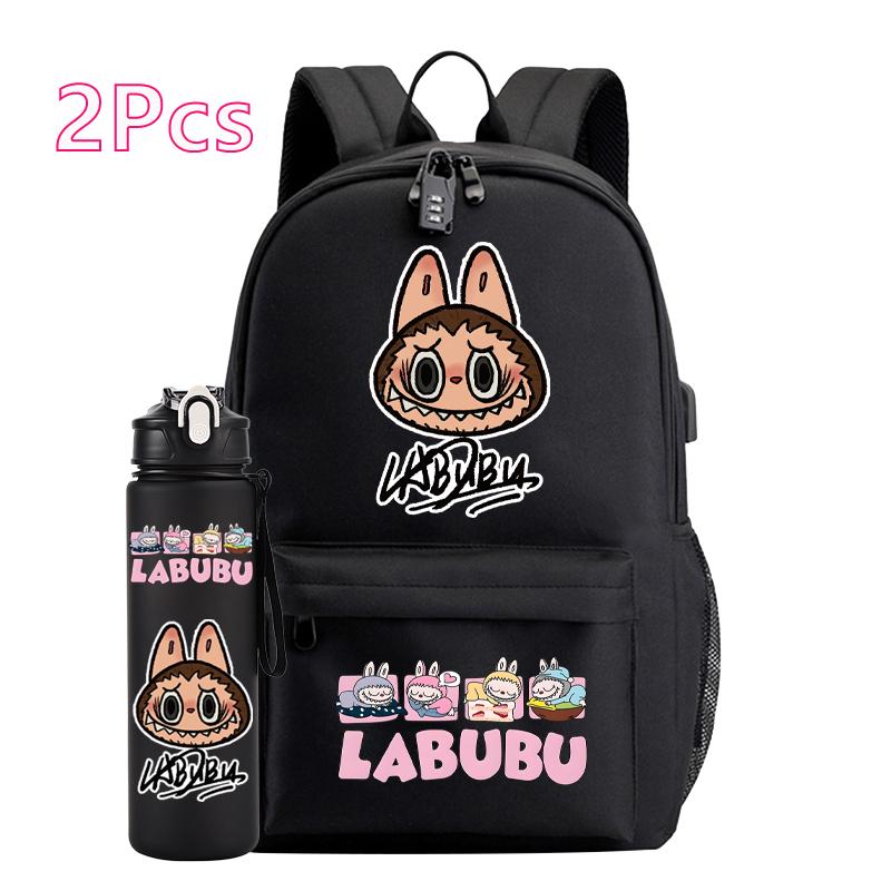 2Pcs/set Cute Canvas Printed Backpack Water Bottle Boy Girl Teen Student Schoolbag Backpack Women Anti-Theft Laptop Travel Bag