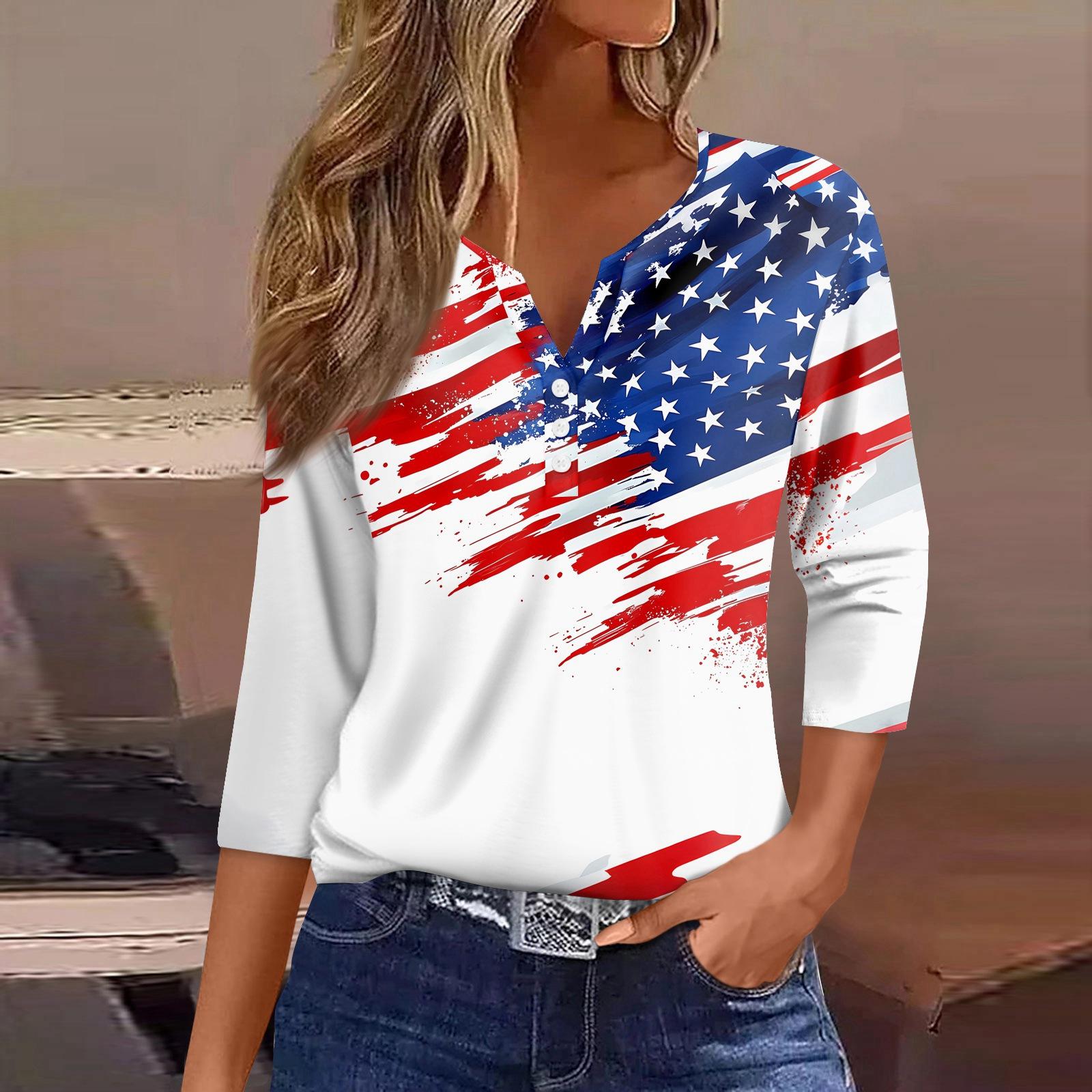 

Women s T Shirt Independence Day Print Button 3/4 Sleeve Daily Weekend Fashion Basic V- Neck Regular Top L синий