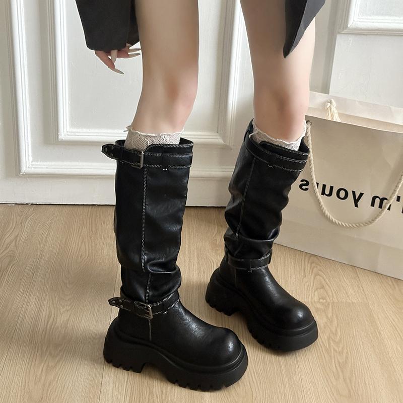 Winter Platform Height Increase Woman Knight High Boots Concise Belt Buckle Shoes Punk Vintage Long Booties  De Muje