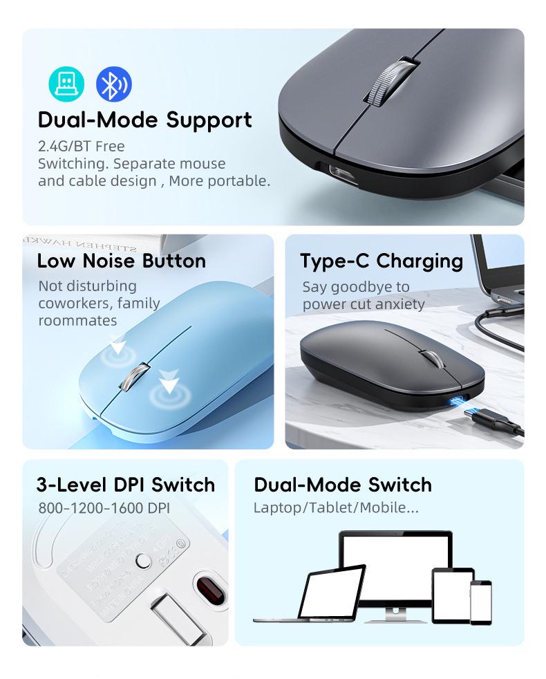 Rechargeable Silent Dual-Mode Bluetooth Wireless Mouse for Gaming and Office Use